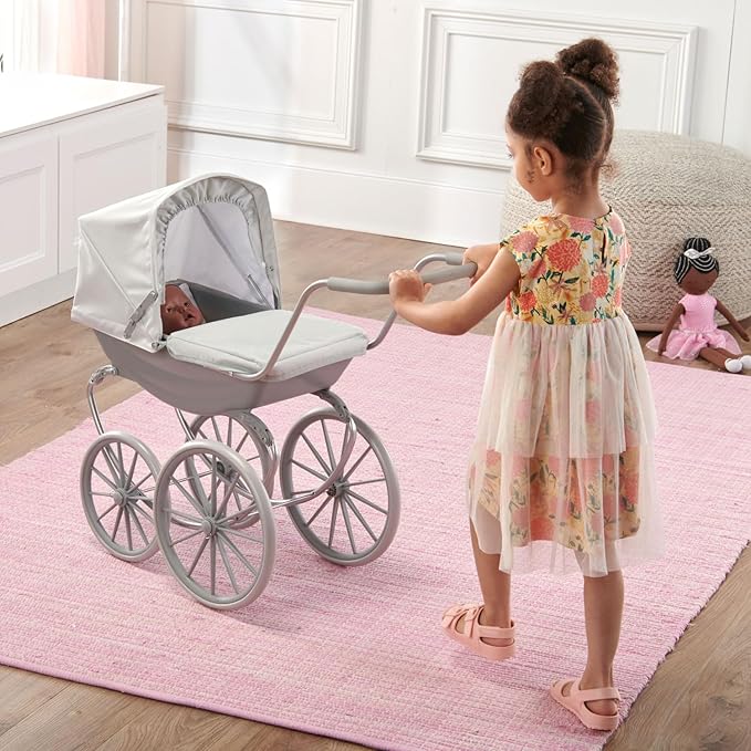 Badger Basket London Doll Stroller - Stylish Toy Stroller for 18 Inch Dolls - Adjustable Canopy, Sturdy Handle, Durable Design for Pretend Play and Doll Accessories - Gray
