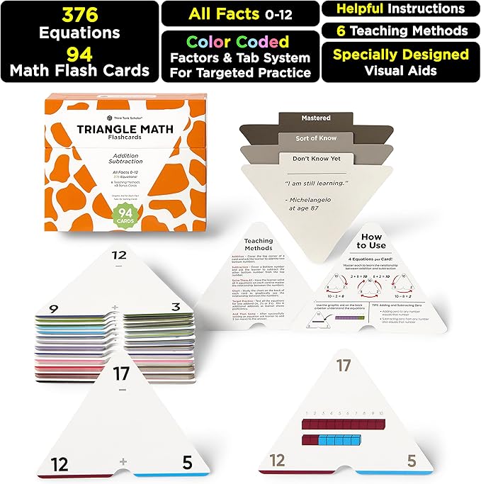 Think Tank Scholar Triangle Addition & Subtraction Flash Cards Set (376 Math Equations), All Facts 0-12 - Color Coded, for Kids in Kindergarten, 1ST, 2ND & 3RD Grade - Has Three Corners