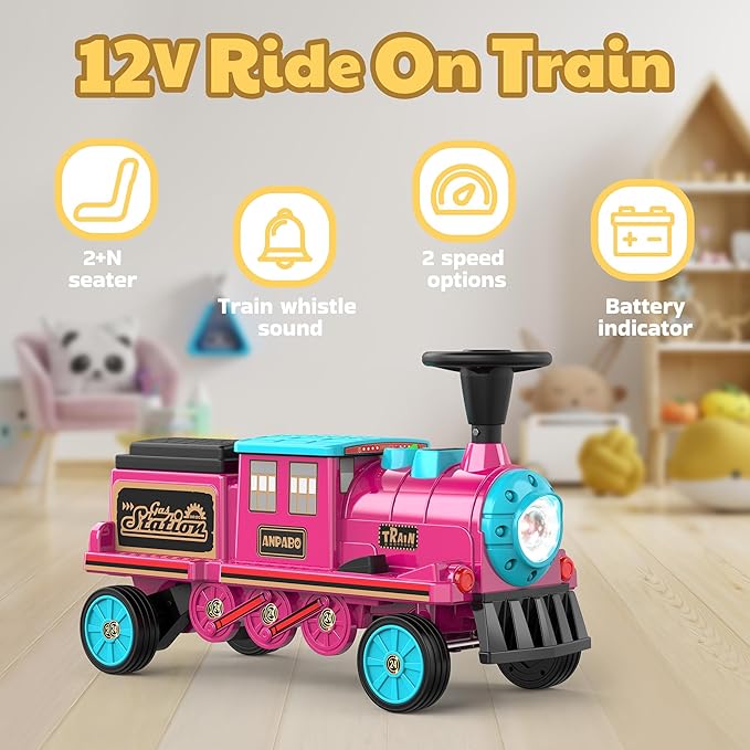 ANPABO 2-Seater Ride On Train Trackless, 12V Kids Car with Height-Adjustable Seat, Extra Storage, Headlight, Train Whistle & Music, Electric Car for Kids (Carriage Not Included), Rose Red