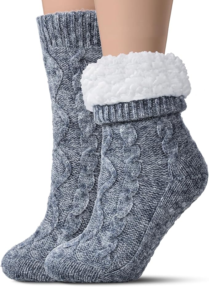 Tough Land Slipper Socks for Women with Grippers Non Slip, Sherpa Lined Slipper Socks