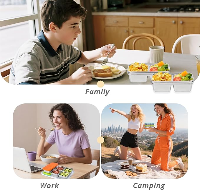 3 Pack Stainless Steel Snack Containers, 15 OZ Double Compartment Reusable Snackle Box with Lids for Camping