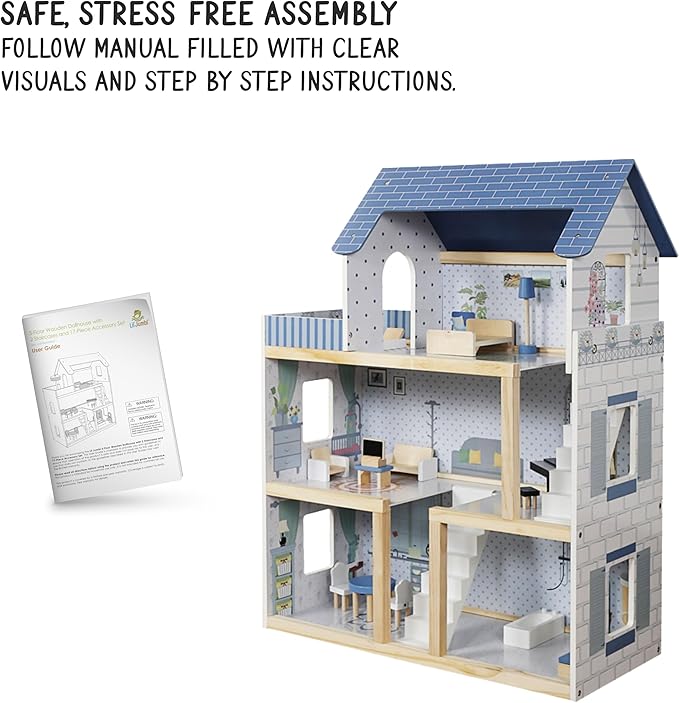 Lil' Jumbl Kids Wooden Dollhouse, 17-Piece Accessories & Furniture are Included, with Balcony & Stairs, 3 Story Easy to Assemble Doll House Toy - Blue