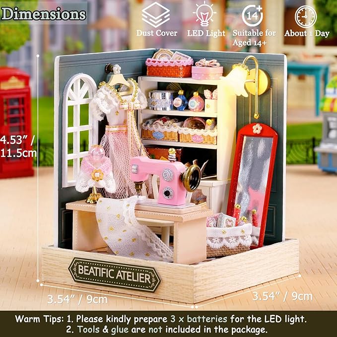 TuKIIE DIY Miniature Dollhouse Kit with Furniture, 1:24 Scale Creative Room Mini Wooden Doll House Plus Dust Proof for Kids Teens Adults(Beatific Atelier)
