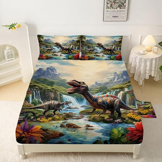 Dinosaurs Bed Sheets Full for Boys Kids 3D Realistic Dinosaur Colorful Fitted Sheets Set Breathable Dinosaur Bed Sheet Kids Soft Microfiber Bedding Sheets Set