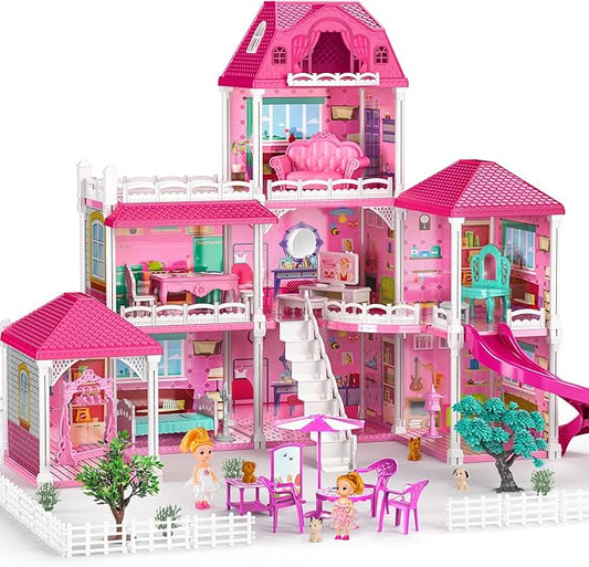 Villa Playset for Girls Ages 3-7, 3-Story 8 Room House with 2 Dolls, Furniture and Accessories, Indoor Playset Girls Toys for Ages 6-8, Pretend Toddler Toy, Birthday Gifts for Kids 4-8