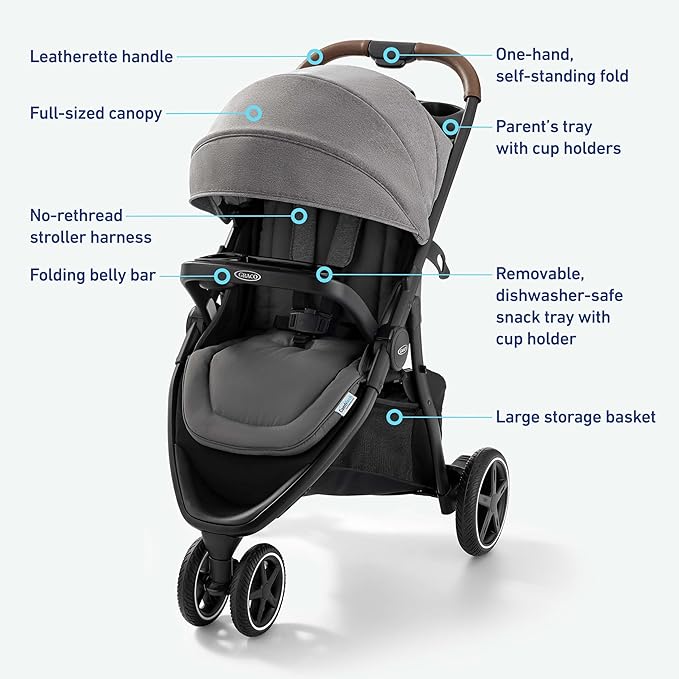 Graco Outpace LX All-Terrain 3-Wheel Baby Stroller, Cohen €” Compatible for Travel System, Easy One-Hand Fold, in-Seat Suspension for Comfortable Ride, Never-Flat Rubber Tires
