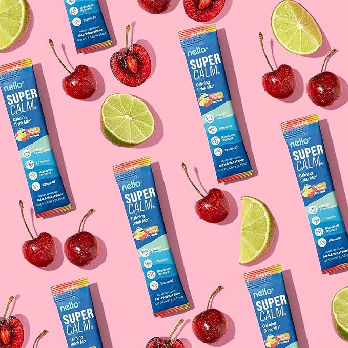 Nello Supercalm Drink Mix - Ashwagandha KSM 66, Magnesium Glycinate & L-Theanine Supplement - Ashwagandha Root Extract - Focus and Relaxation Support (20 Travel Packets) - Cherry Limeade