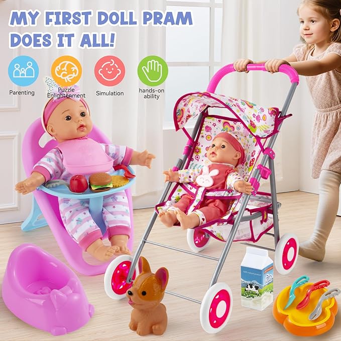 Baby Doll Stroller Toys Set with 12.5" Doll for 3-7 Girls, Foldable Stroller, Dining Chair, Accessories & 1 Outfits,Pretend Play Baby Doll Toys for Girls Ages 3-7