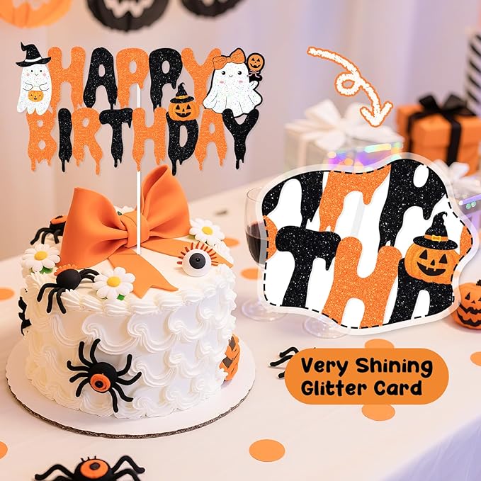 Orange Black Halloween Happy Birthday Decor Cute Ghost Banner Cake Topper Balloons for Halloween Theme Birthday Party The Spooky One Little Boo Happy Boo Day Party Supplies