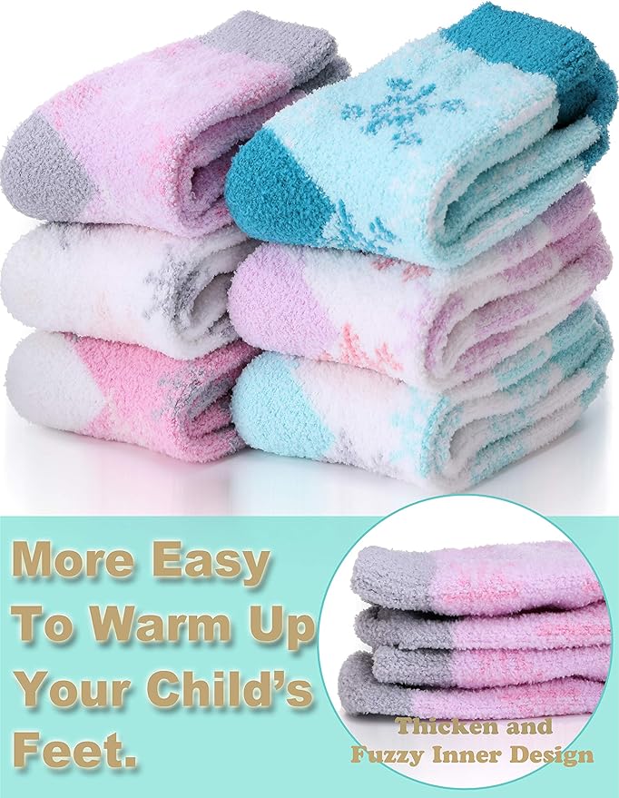EBMORE Girls Kids Toddler Fuzzy Socks with Grips Non Slip Slipper Socks Crew Cabin Cozy Fluffy Warm Winter Socks 6 Pairs