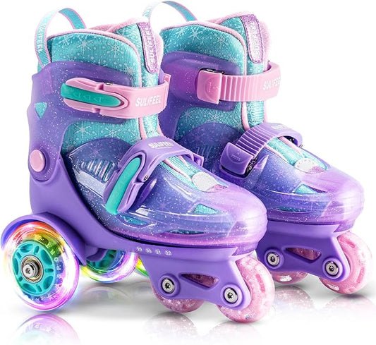 SULIFEEL Adjustable Roller Skates for Girls Boys Kids,Fun Illuminating Light Up Flash Wheels Three-Point Type Balance Suitable for Beginners Indoor Roller Skating