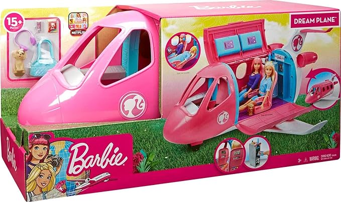 Barbie Dreamplane Transforming Playset with Reclining Seats and Working Overhead Compartments, Plus 15+ Pieces Including a Puppy and a Snack Cart, for Kids 3 Years Old and Up (Amazon Exclusive)