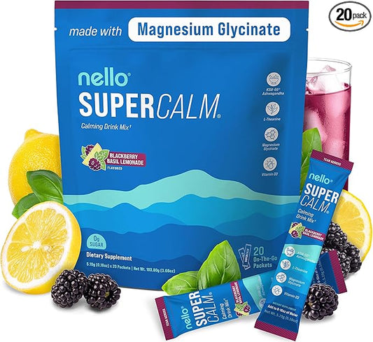 Supercalm Drink Mix -Ashwagandha KSM 66, Magnesium Glycinate & L-Theanine Supplement, Vitamin D3- Ashwagandha Root Extract- Focus and Relaxation Support (20 Travel Packets)- Blackberry Basil Lemonade