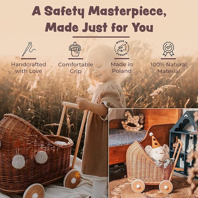 Artisanal Handwoven Rattan Doll Stroller & Pram - European Made for 17 inch Baby Dolls | Includes Mattress, Pillow & Blanket | Perfect for Imaginative Play, Role Play & Room Décor
