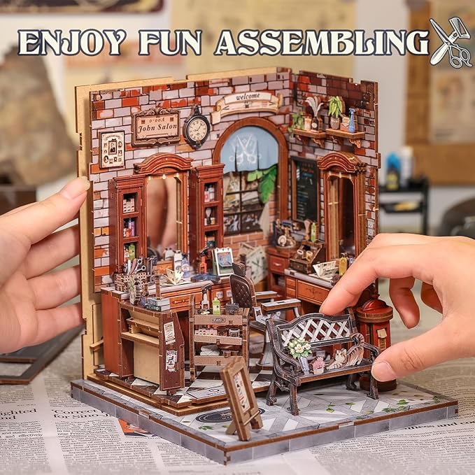 Cutefun Book Nook Kit - DIY Miniature Dollhouse Kit for Adults and Teens, Barbershop Mini House Building Kit with LED Bookshelf Insert Decor Creative Gifts (John's Hair Salon)