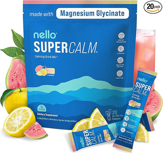 Nello Supercalm Drink Mix - Ashwagandha KSM 66, Magnesium Glycinate & L-Theanine Supplement, Vitamin D3 - Ashwagandha Root Extract - Focus and Relaxation Support (20 Travel Packets) - Yuzu Guava