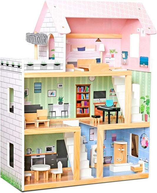 Lil' Jumbl Kids Wooden Dollhouse, 17-Piece Accessories & Furniture are Included, with Balcony & Stairs, 3 Story Easy to Assemble Doll House Toy - Pink
