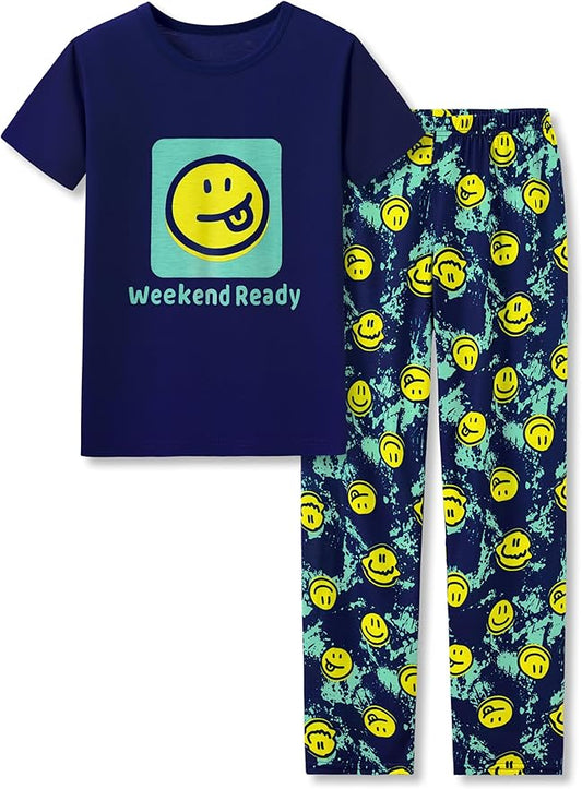 Tebbis Pajamas For Boys Fun Baseball Navy Blue Short Sleeves & Pants 2-Piece PJs Set Kid Comfy Sleepwear Size 6-18
