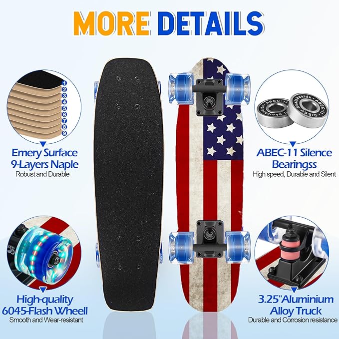 Skateboards with Colorful Flashing Wheels for Beginners,Kids,Teens,Adults, Complete Standard Skate Boards 9 Layer Canadian Maple Deck Concave Skateboard