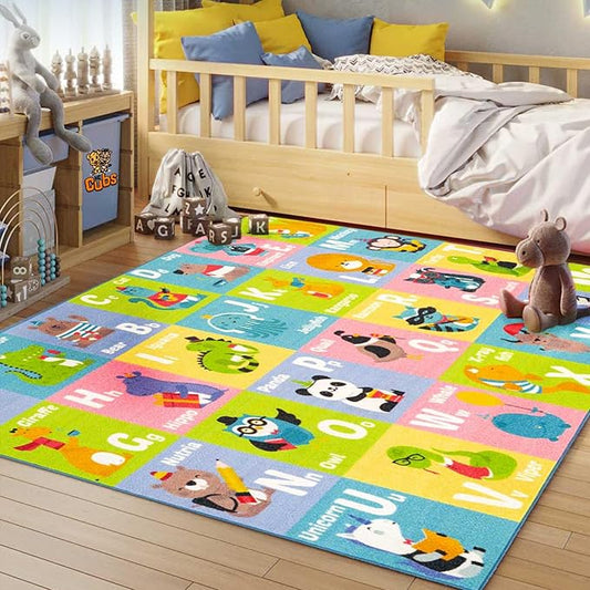 KC Cubs 8x10 ABC Alphabet Animal Rug – Educational Non-Slip Play Mat for Kids, Toddlers, Nursery, Classroom, Playroom, Baby Daycare, Boy & Girl Carpet