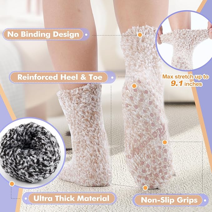 Fuzzy Socks with Grips for Men Women,Non Slip Fluffy Hospital Crew Cozy Warm Socks with Aloe Vera Moisturize