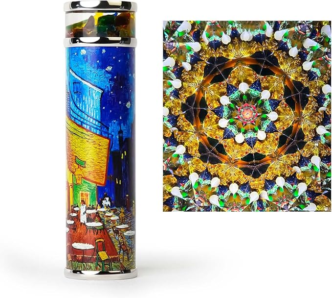 Café Terrace at Night Rotatable Kaleidoscope,5.5" Full Visual Handmade Adult Kaleidoscope,Natural Crystal and Stone Gems Oil-Filled Core Box,Vintage Gift Box,Anniversary Birthday Gift for Man Woman