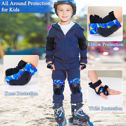 FIODAY Knee Pads for Kids Dinosaur Knee Elbow Pads Wrist Guards with Drawstring Bag Adjustable 7 in 1 Protective Gear Set for Boys Inline Skating Bike Cycling Skateboard Scooter, 3-8 Years, Blue