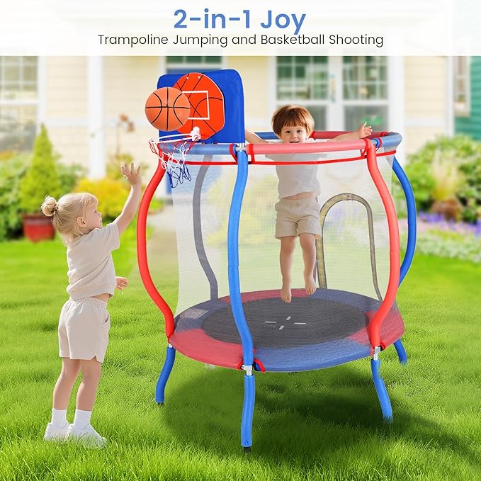 OLAKIDS 48’’ Trampoline for Kids, Outdoor Indoor Toddler Trampoline with Safety Enclosure Net Basketball Hoop Anti-Slip Foot Pads Zippered Door, Baby Recreational Trampolines Gift for Backyard