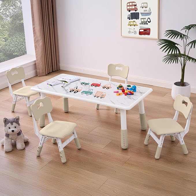 Toddler Table and 4 Chairs Set, Height Adjustable Kids Table and Chairs, 47.2''L x 23.6''W, Marble Pattern & Graffiti Desktop, Children Multi-Activity Table for Home/Daycare/Classroom