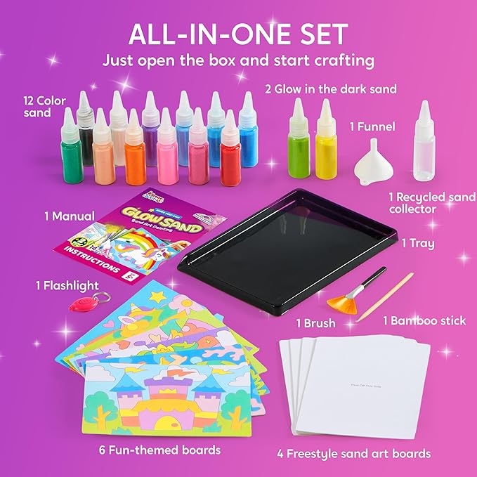 Klever Kits Glow Sand Art Kits for Kids, Glow in The Dark Sand Painting with 14 Colors, Kids Crafts, 6 Fantasy Templates & 4 DIY Sheets, Mess Free Arts and Crafts, Unicorn Gifts for Girls Ages 5+