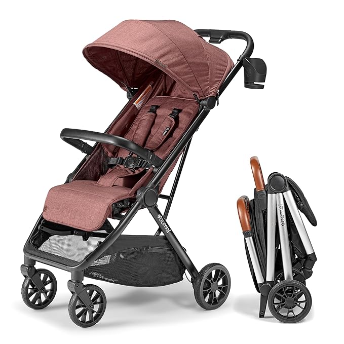Bombi Bēbee V2 Lightweight Baby Stroller - Premium Vegan Leather, One-Hand Fold, Infinite Recline, Aircraft-Grade Aluminum Frame, XXL Canopy, and Ample Storage Umbrella Stroller - Desert Berry