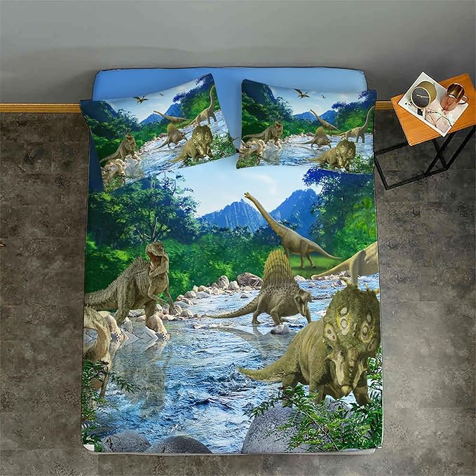 Dinosaurs Twin Fitted Sheet 2Pcs Twin Sheets Set Kids 3D Realistic Dinosaur Fitted Sheets Set Ancient Jungle Dinosaur Bed Sheet Kids Soft Microfiber Bedding Sheets Set