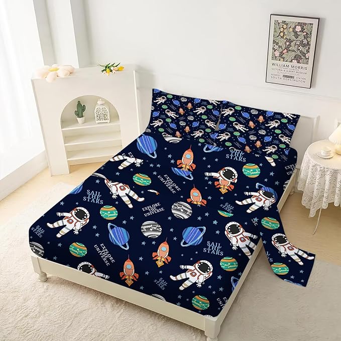 Kids Space Bedding Set Queen Size Outer Space Room Decor for Boys Cute Astronaut Rocket Sheets Set for Boys Bed 4 Pcs Space Sheet Set with 1 Fitted Sheet, 1 Flat Sheet and 2 Pillowcases