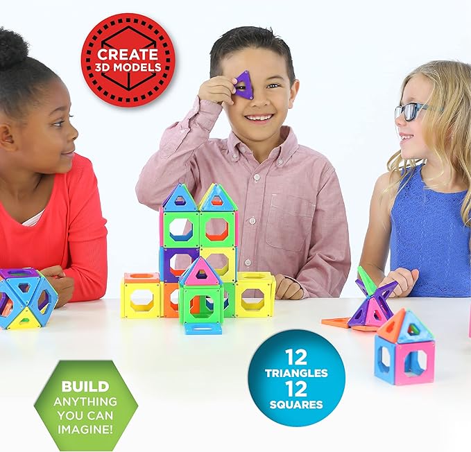 Discovery Kids 24 pcs 3D Magnetic Tile Building Blocks Construction Set in 6 Colors for Ages 4+