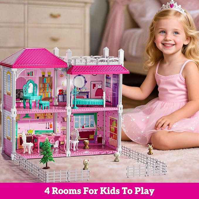 Pink Villa Playset for Girls Ages 3-7, 2-Story 4 Room House with 2 Dolls, Furniture and Accessories, Indoor Playset Girls Toys for Ages 6-8, Pretend Toddler Toy, Birthday Gifts for Kids 4-8