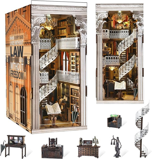 Book Nook Kit Library, DIY Miniature House Kit, 3D Wooden Puzzle Dollhouse Kit for Adults and Teens, Bookshelf Booknook with LED Light (Law Library)