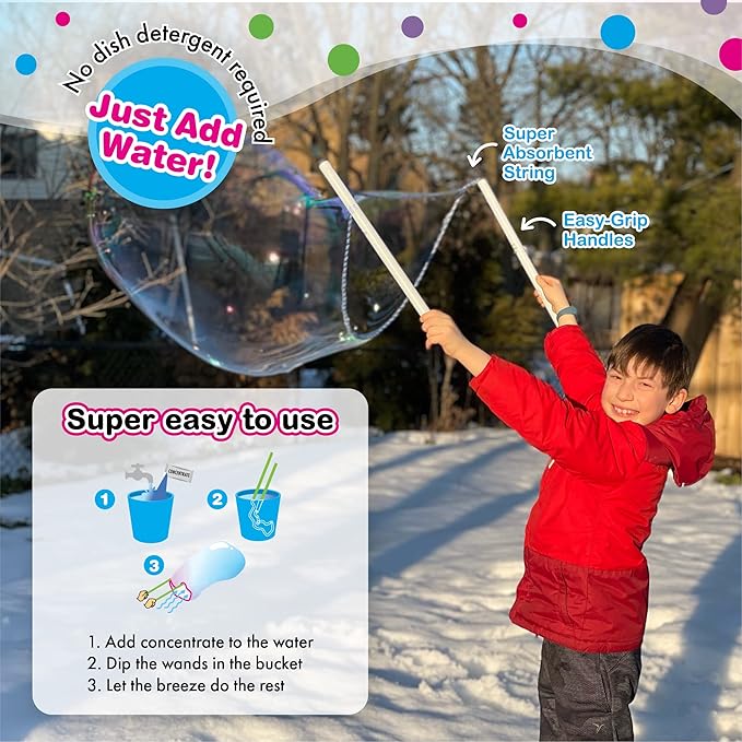 WOWMAZING Giant Bubble Kit Winter – Bubble Wand, 2 Big Bubbles Mix Pouches, 8 Cold-Activated Stickers for Outdoor Winter Fun |Bubbles Made in USA