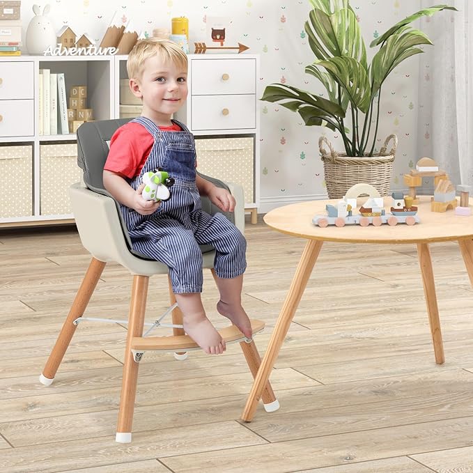 HONEY JOY Baby High Chair, 6-in-1 Eat & Grow Wooden Highchair/Toddler Chair with Removable Tray, 5-Point Harness, PU Cushion and Footrest, Convertible High Chair for Babies and Toddlers(Dark Gray)