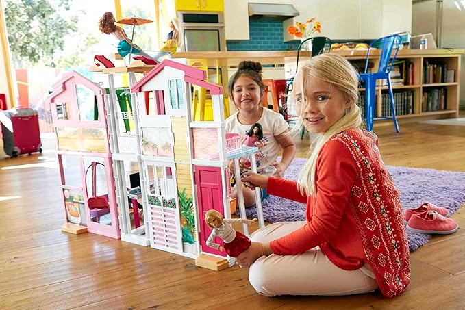 Barbie 3-Story Townhouse Dollhouse with Elevator, Swing Chair, Furniture and Accessories, Fold for Portability and Travel