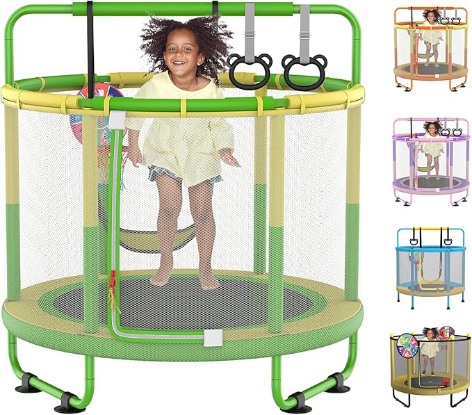 60" Trampoline for Kids, 5ft Toddler Mini 6-in-1 Trampoline Indoor Outdoor with Swing, Basketball Hoop, Dart Board, Rings, Christmas Toys Birthday Gifts for Girls Boys