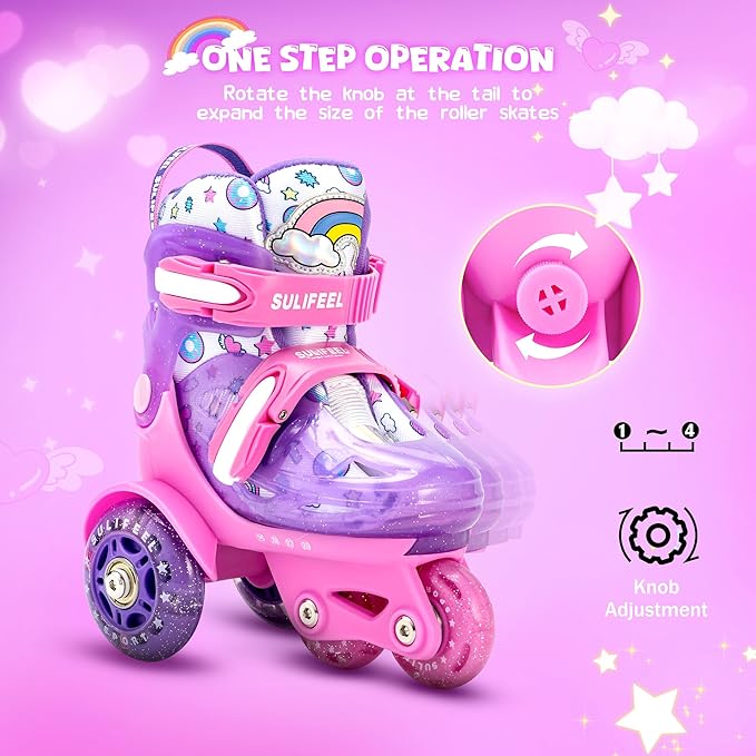SULIFEEL Adjustable Roller Skates for Girls Boys Kids,Fun Illuminating Light Up Flash Wheels Three-Point Type Balance Suitable for Beginners Indoor Roller Skating