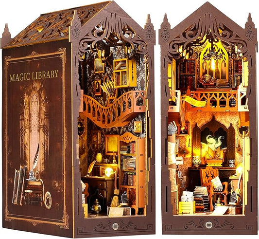 TuKIIE DIY Book Nook Miniature Kit, Booknook Dollhouse Bookshelf Insert with Sensor Light & Dust Proof, Wooden Decorative Bookend Stand Model Kits for Kids Teens Adults(Magic Library)