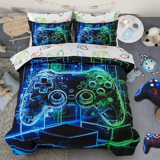 A Nice Night 5Pcs Gaming Comforter Set,Blue Green 3D Game Contoller Themed Keyboard Printing Bedding Sets for Kids Teen Boys, Reversible Comforter for All Seasons,Twin