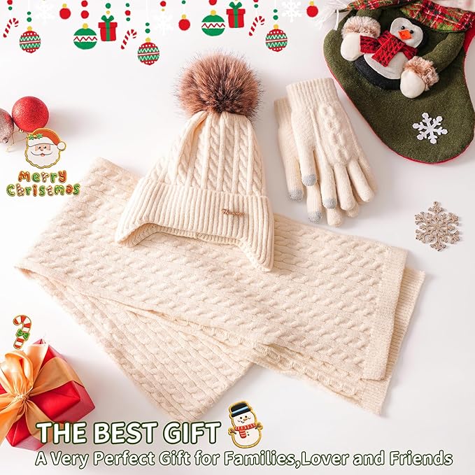 Winter Hat Scarf Gloves Set for Women, Classic Cable Beanie with Removable Pom Pom Long Scarf Touchscreen Gloves 3 in 1 Set
