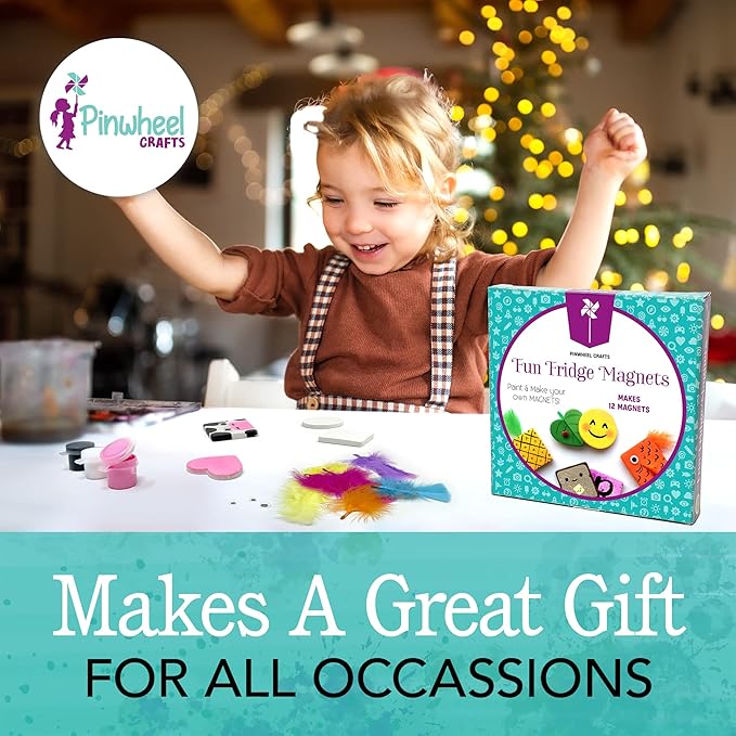 Pinwheel Crafts Magnetic Tile Art Kit Ages 6-12+ Years - Paint Your Own Magnetic Mini Tiles Includes 12 Tiles, Magnets, 8 Paints, Brush, Googly Eyes - DIY Magnet Making Kit for Kids