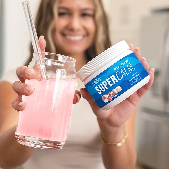 Nello Supercalm Powdered Drink Mix, Strawberries & Cream, L Theanine, Ksm-66 Ashwagandha, Magnesium Glycinate, Vitamin D 3, Supplements for Relaxation & Focus, Natural, No Sugar, Non GMO, 30 Srvgs