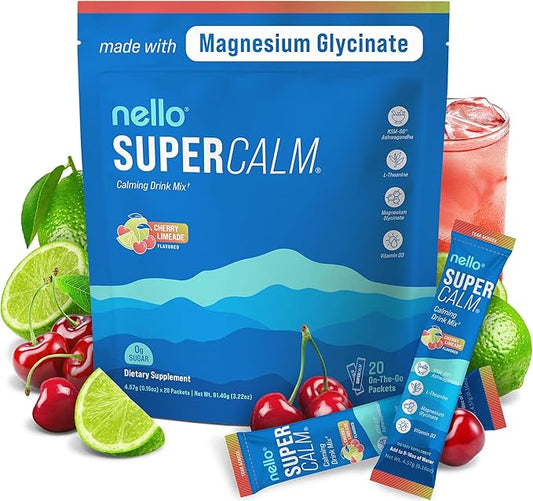 Nello Supercalm Drink Mix - Ashwagandha KSM 66, Magnesium Glycinate & L-Theanine Supplement - Ashwagandha Root Extract - Focus and Relaxation Support (20 Travel Packets) - Cherry Limeade