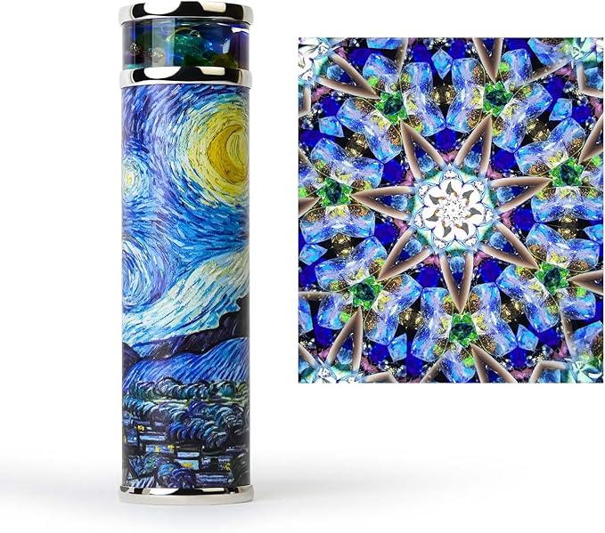 The Starry Night Rotatable Kaleidoscope,5.5" Handmade Full Visual Kaleidoscope for Adults,Natural Crystal Gems Stone Oil-Filled Core Box,Vintage Gift Box,Anniversary Birthday Gift for Man Woman