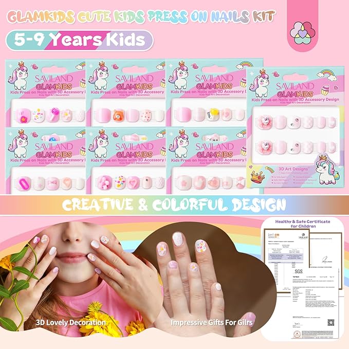 SAVILAND 3D Press on Nails for Kids: 7 Pack Kids Press on Nails for 5-9 Years Pre Glue Full Cover Short Kids Fake Nails Stick On Children Artificial False Nail Tips Fingernails Christmas Gifts for Kid