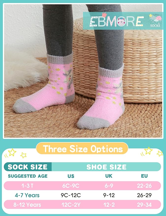 EBMORE Girls Kids Toddler Fuzzy Socks with Grips Non Slip Slipper Socks Crew Cabin Cozy Fluffy Warm Winter Socks 6 Pairs
